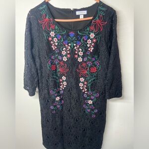 Charter Club Black Lace Dress with Colorful Floral Embroidery
